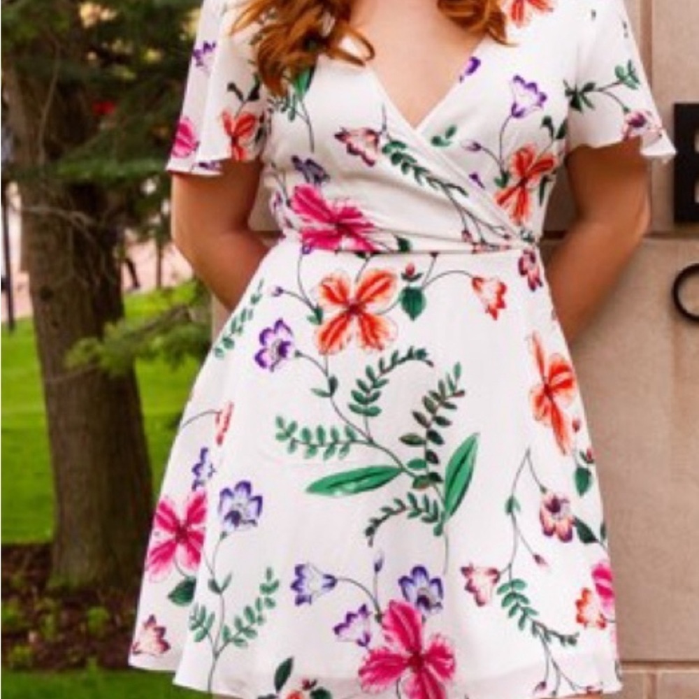 Express White Floral Mini Dress with Pink, Orange & Purple Blooms